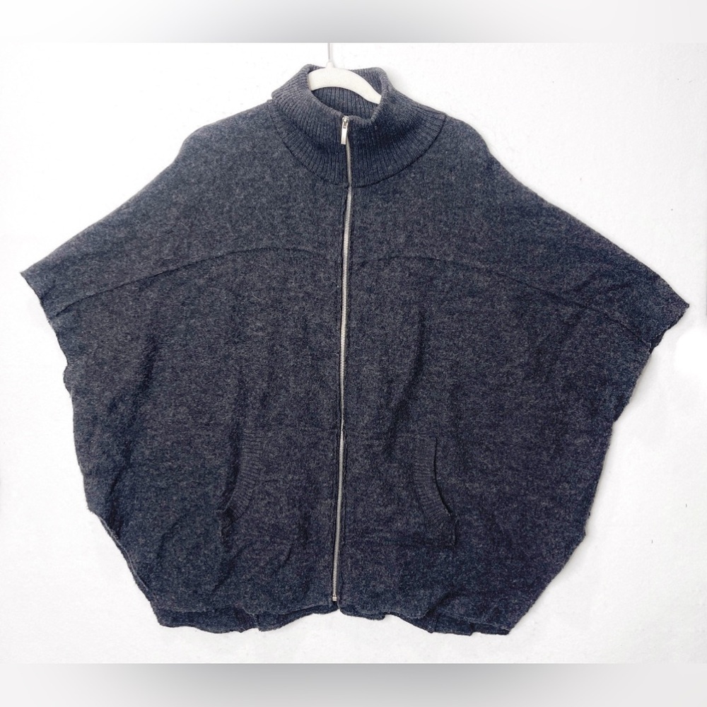 Katie Todd 100% Wool Zip Front Heathered Gray Poncho With Sleeves Oversized S/M